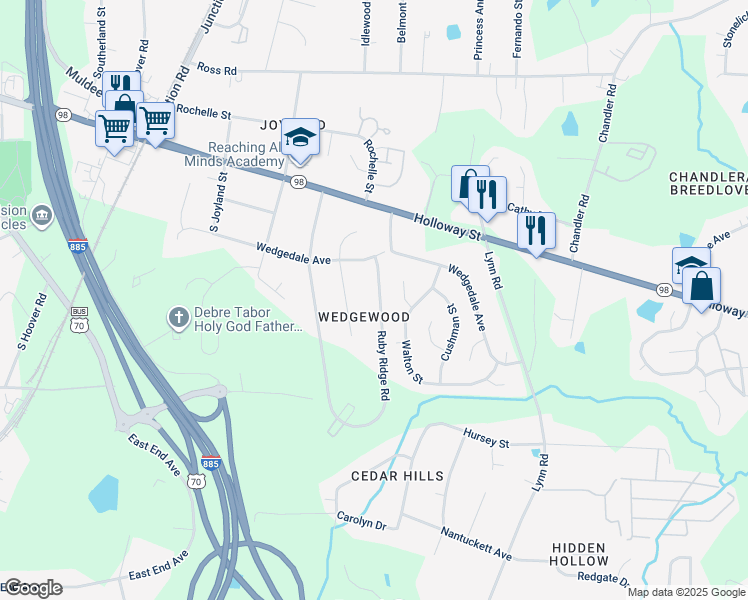 map of restaurants, bars, coffee shops, grocery stores, and more near 218 Ruby Ridge Road in Durham