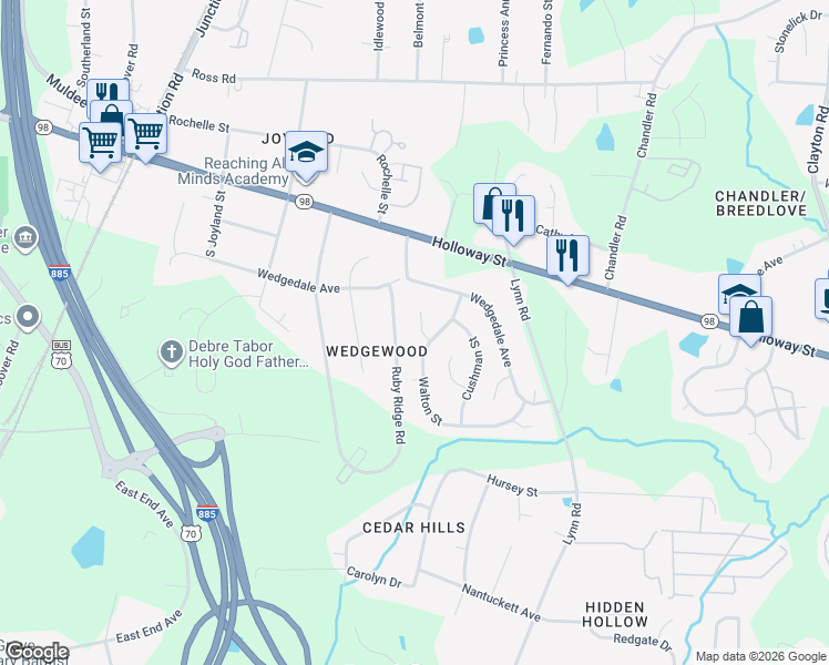 map of restaurants, bars, coffee shops, grocery stores, and more near 11 Midgette Place in Durham