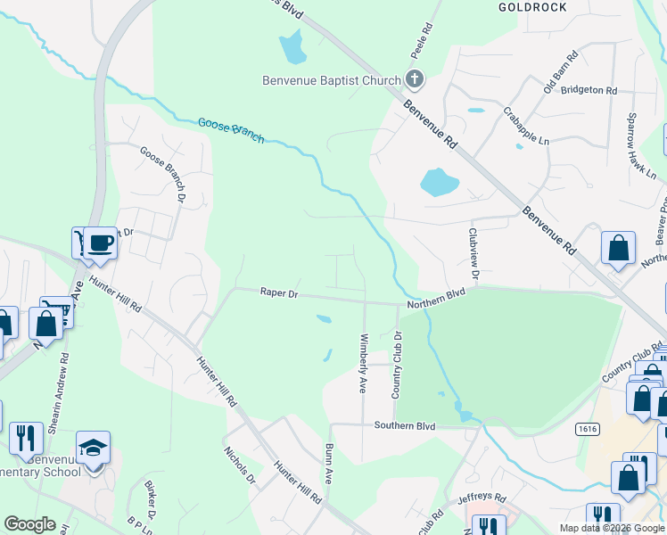 map of restaurants, bars, coffee shops, grocery stores, and more near 1759 Bridgewood Road in Rocky Mount