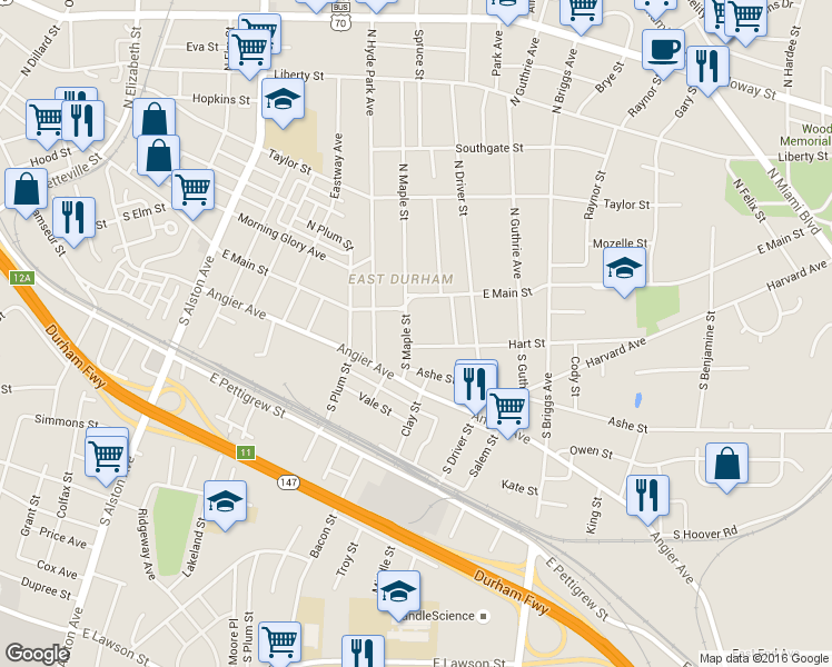 map of restaurants, bars, coffee shops, grocery stores, and more near 103 South Maple Street in Durham