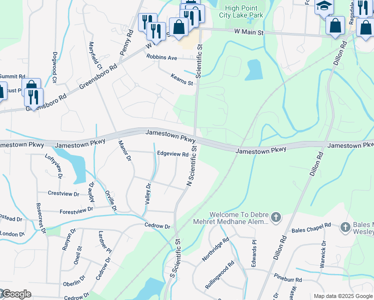 map of restaurants, bars, coffee shops, grocery stores, and more near 305 Edgeview Road in High Point