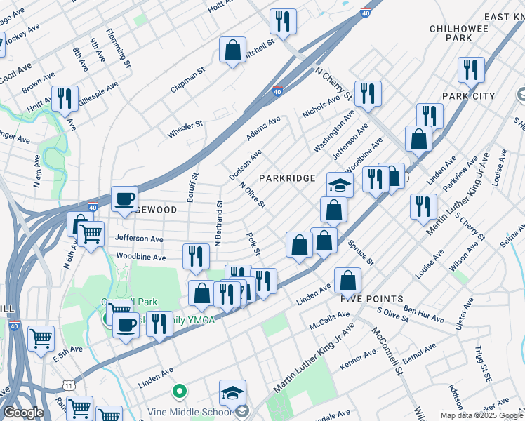 map of restaurants, bars, coffee shops, grocery stores, and more near 2049 Washington Avenue in Knoxville
