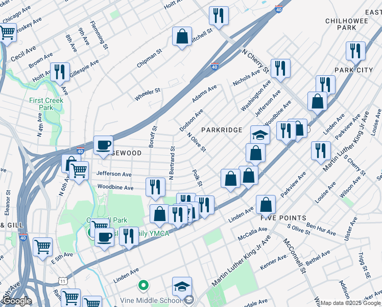 map of restaurants, bars, coffee shops, grocery stores, and more near 2049 Washington Avenue in Knoxville