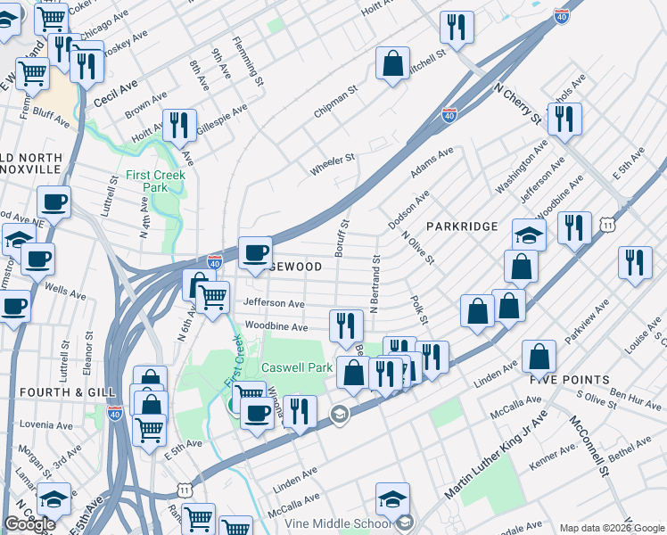 map of restaurants, bars, coffee shops, grocery stores, and more near 1708 East Glenwood Avenue in Knoxville