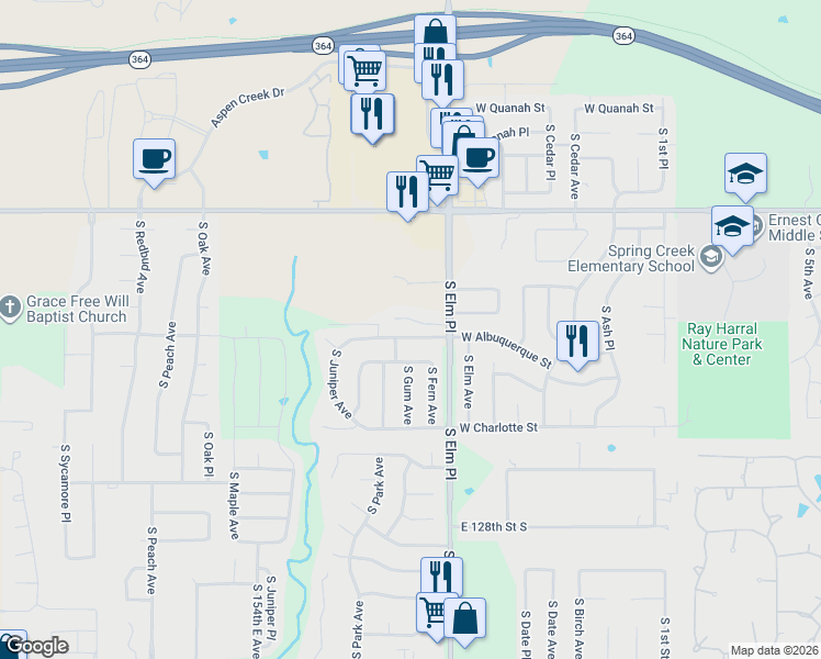 map of restaurants, bars, coffee shops, grocery stores, and more near 6850 South Elm Place in Broken Arrow
