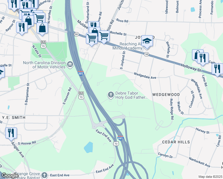 map of restaurants, bars, coffee shops, grocery stores, and more near 19 Red Sunset Lane in Durham