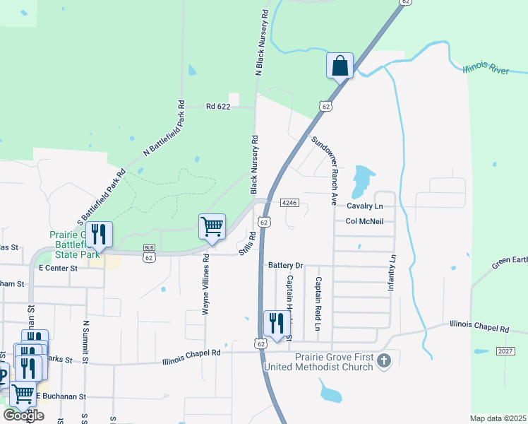 map of restaurants, bars, coffee shops, grocery stores, and more near 999 East Heritage Parkway in Prairie Grove