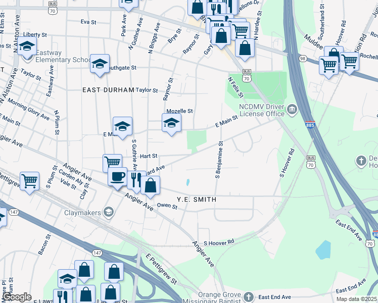 map of restaurants, bars, coffee shops, grocery stores, and more near 2517 Hart Street in Durham