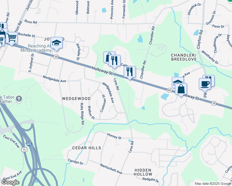 map of restaurants, bars, coffee shops, grocery stores, and more near 206 Lynn Road in Durham