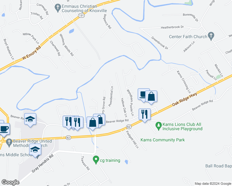 map of restaurants, bars, coffee shops, grocery stores, and more near 7120 Presidential Lane in Knoxville