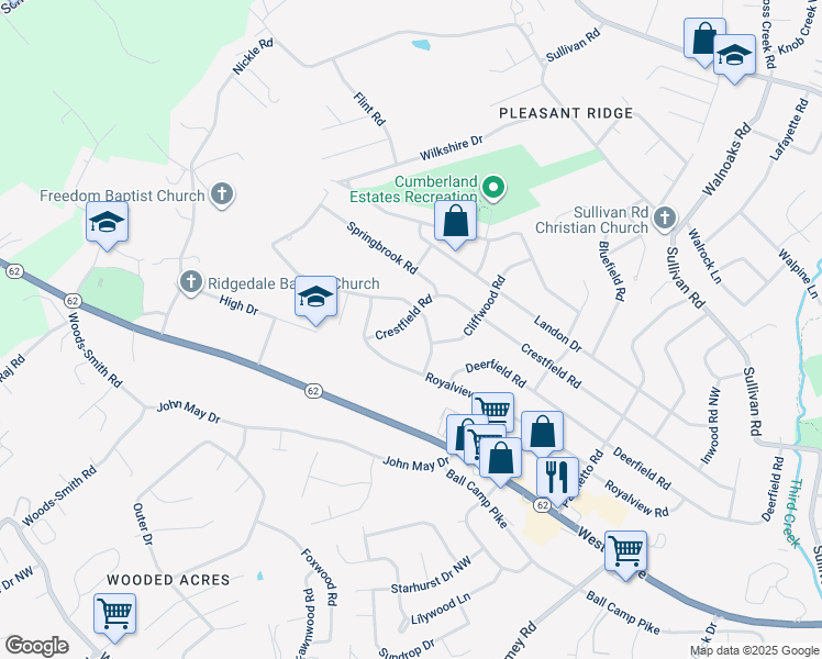 map of restaurants, bars, coffee shops, grocery stores, and more near 4600 Crestfield Road in Knoxville