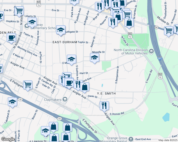 map of restaurants, bars, coffee shops, grocery stores, and more near 115 South Briggs Avenue in Durham