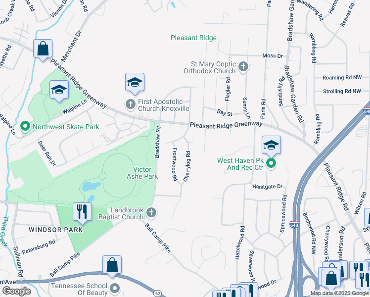 map of restaurants, bars, coffee shops, grocery stores, and more near 5010 Bayberry Drive in Knoxville