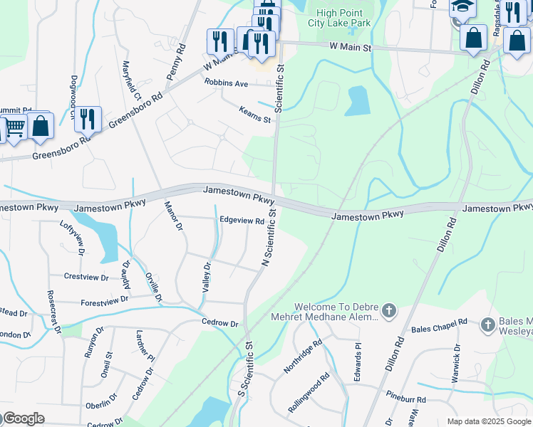 map of restaurants, bars, coffee shops, grocery stores, and more near 307 Edgeview Road in High Point