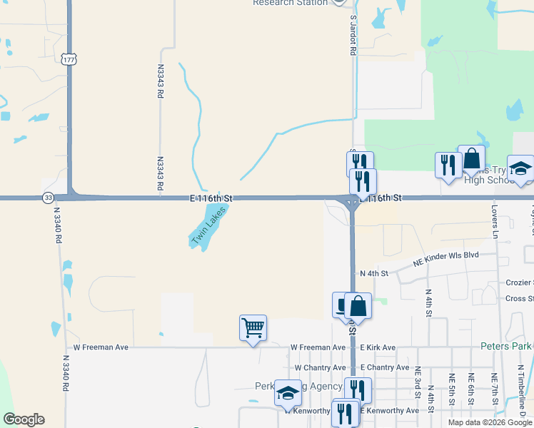 map of restaurants, bars, coffee shops, grocery stores, and more near 1701 East 116th Street in Perkins