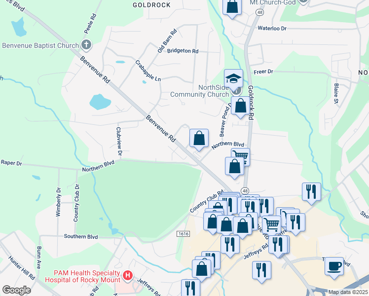 map of restaurants, bars, coffee shops, grocery stores, and more near Sunset Avenue in Rocky Mount
