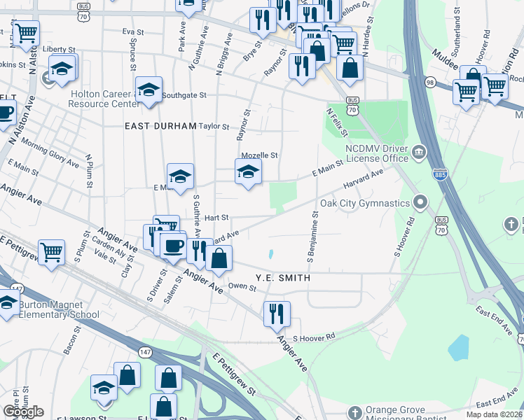 map of restaurants, bars, coffee shops, grocery stores, and more near 2517 Hart Street in Durham