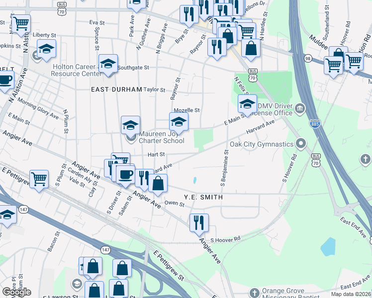 map of restaurants, bars, coffee shops, grocery stores, and more near 2501 Hart Street in Durham