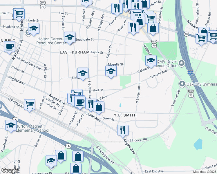 map of restaurants, bars, coffee shops, grocery stores, and more near 2501 Hart Street in Durham