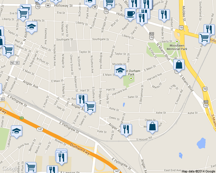 map of restaurants, bars, coffee shops, grocery stores, and more near 115 South Briggs Avenue in Durham