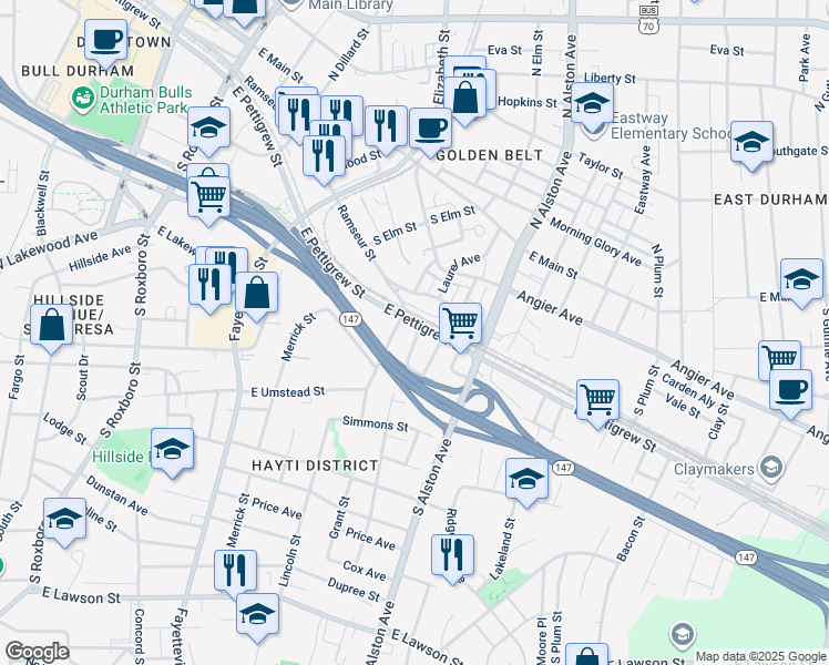 map of restaurants, bars, coffee shops, grocery stores, and more near 503 Grant Street in Durham