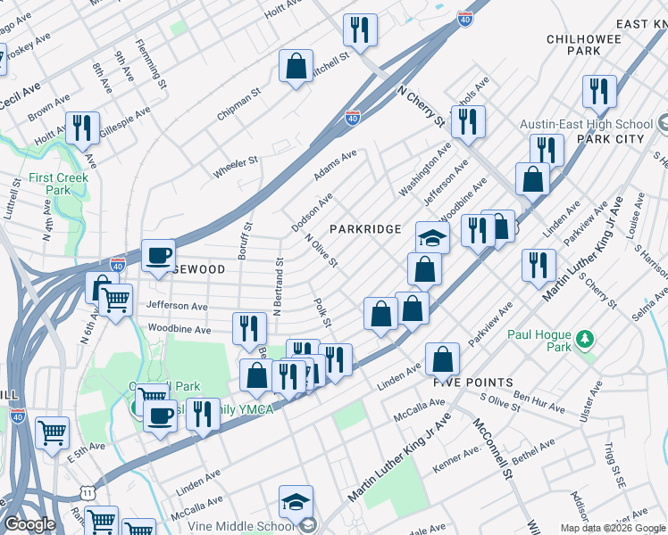 map of restaurants, bars, coffee shops, grocery stores, and more near 2049 Washington Avenue in Knoxville
