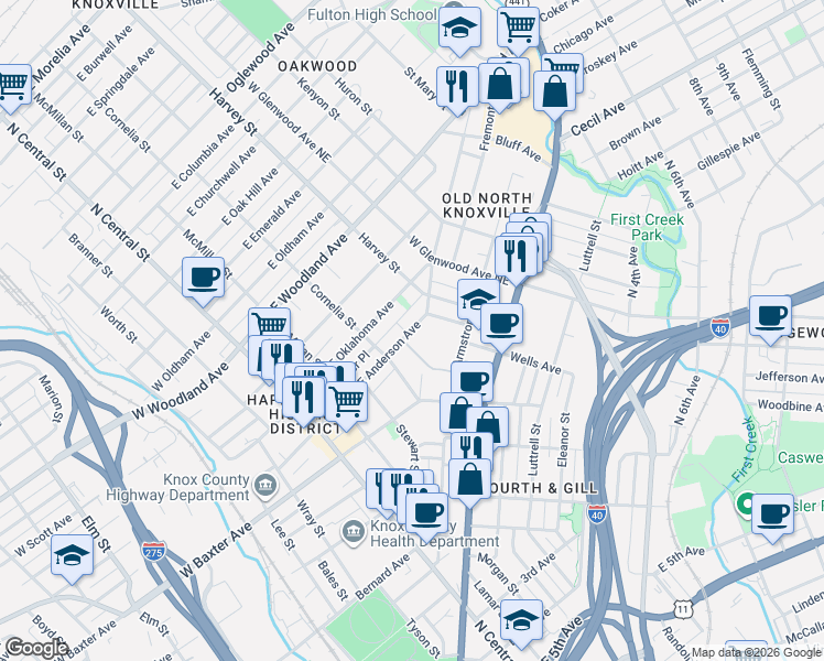 map of restaurants, bars, coffee shops, grocery stores, and more near in Knoxville