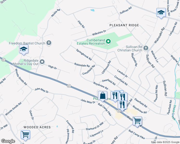 map of restaurants, bars, coffee shops, grocery stores, and more near 4600 Crestfield Road in Knoxville