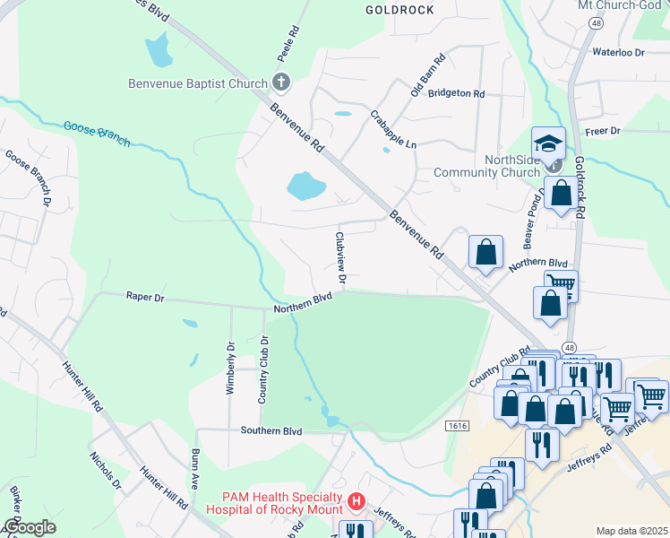 map of restaurants, bars, coffee shops, grocery stores, and more near 101 Clubview Court in Rocky Mount