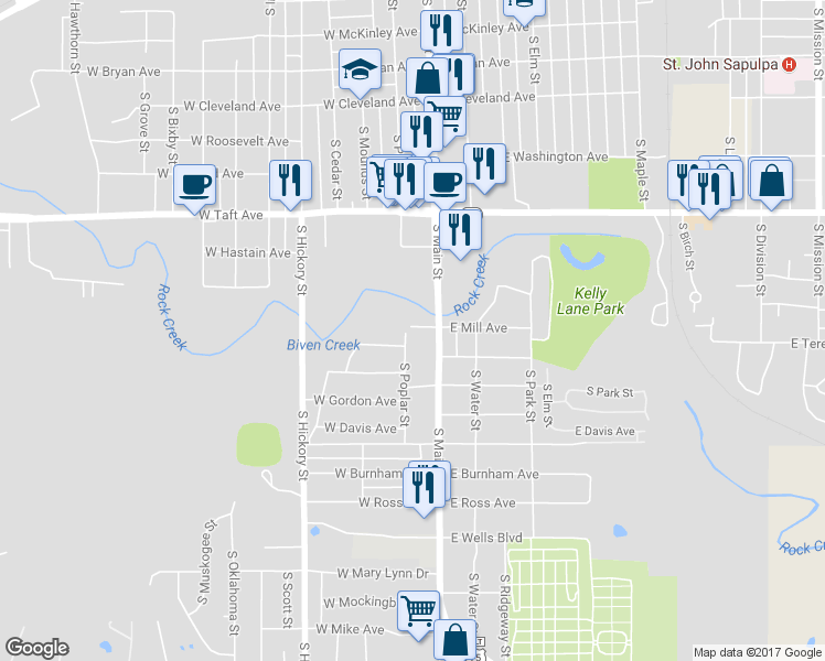 map of restaurants, bars, coffee shops, grocery stores, and more near 1203 South Poplar Street in Sapulpa