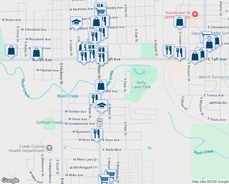 map of restaurants, bars, coffee shops, grocery stores, and more near 113 East Mill Avenue in Sapulpa