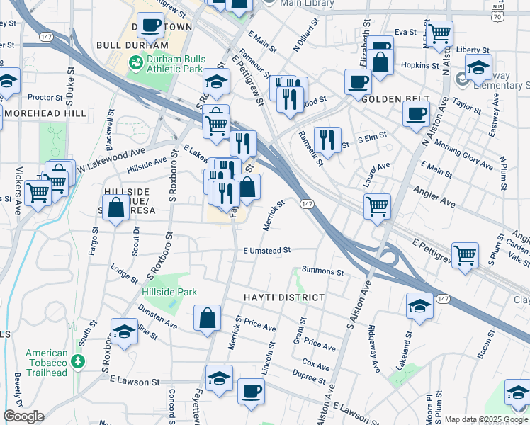 map of restaurants, bars, coffee shops, grocery stores, and more near 16 Hayti Lane in Durham