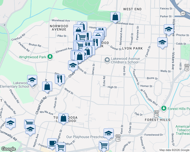 map of restaurants, bars, coffee shops, grocery stores, and more near 1817 Bivins Street in Durham