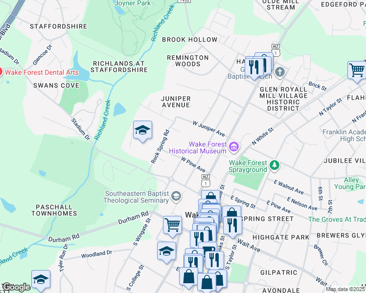map of restaurants, bars, coffee shops, grocery stores, and more near 317 North Wingate Street in Wake Forest