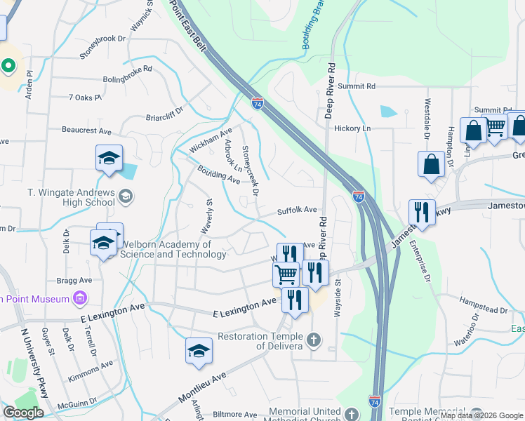 map of restaurants, bars, coffee shops, grocery stores, and more near 2609 Suffolk Avenue in High Point
