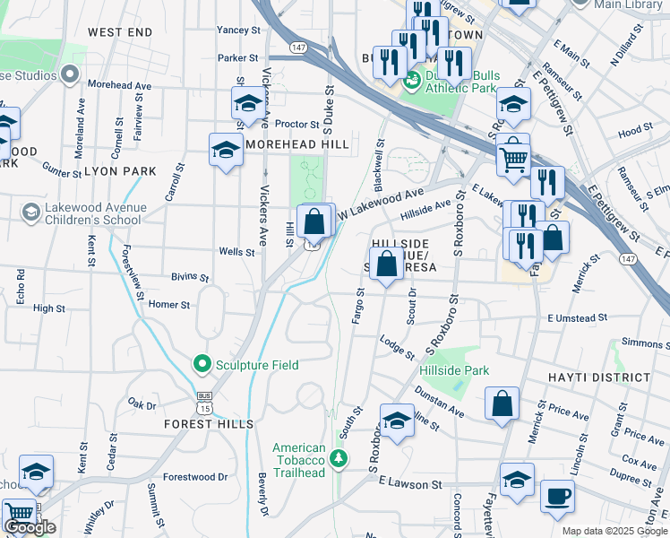 map of restaurants, bars, coffee shops, grocery stores, and more near 1000 Fargo Street in Durham