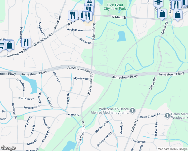 map of restaurants, bars, coffee shops, grocery stores, and more near 504 North Scientific Street in High Point