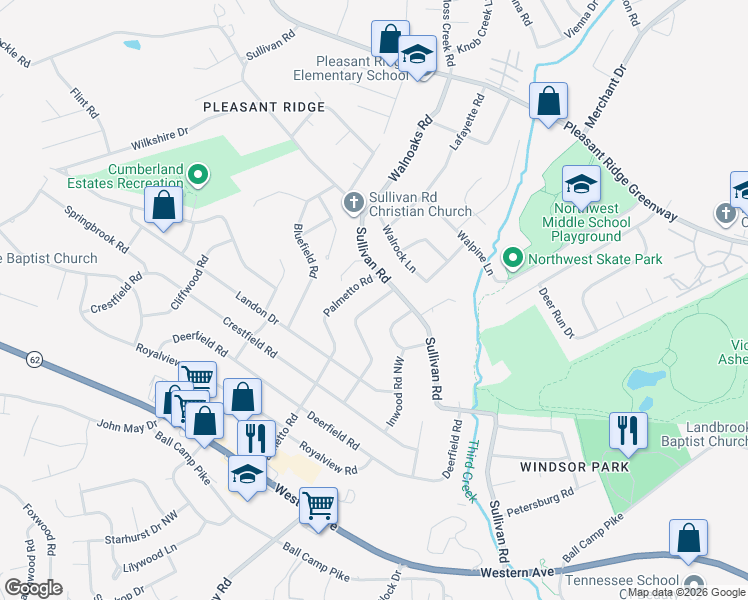 map of restaurants, bars, coffee shops, grocery stores, and more near 5305 Maywood Road in Knoxville