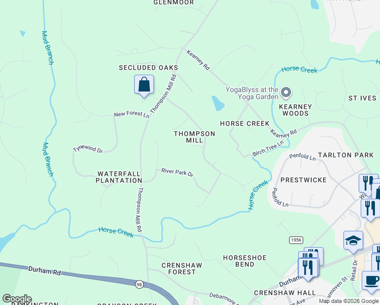 map of restaurants, bars, coffee shops, grocery stores, and more near 7608 Copper Creek Court in Wake Forest