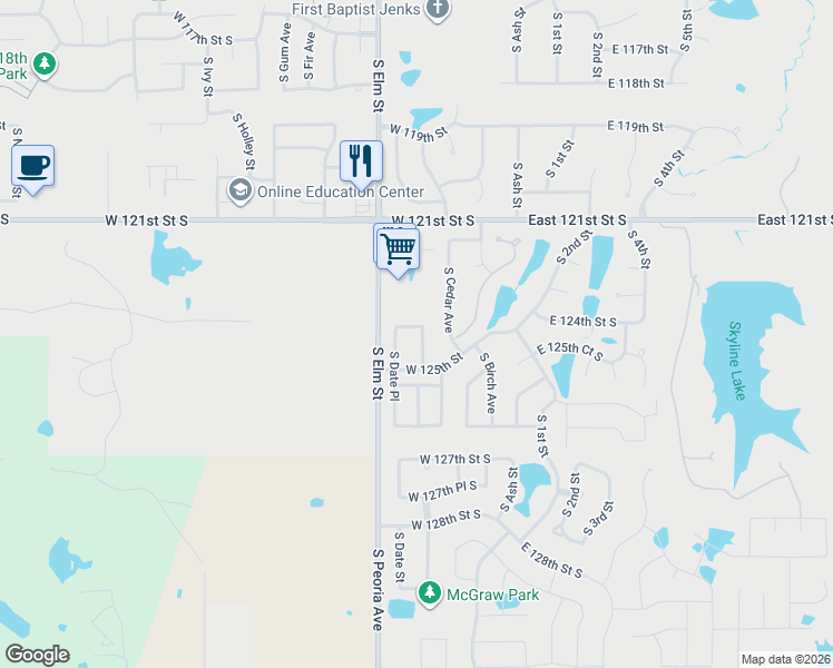 map of restaurants, bars, coffee shops, grocery stores, and more near 510 West 124th Street South in Jenks