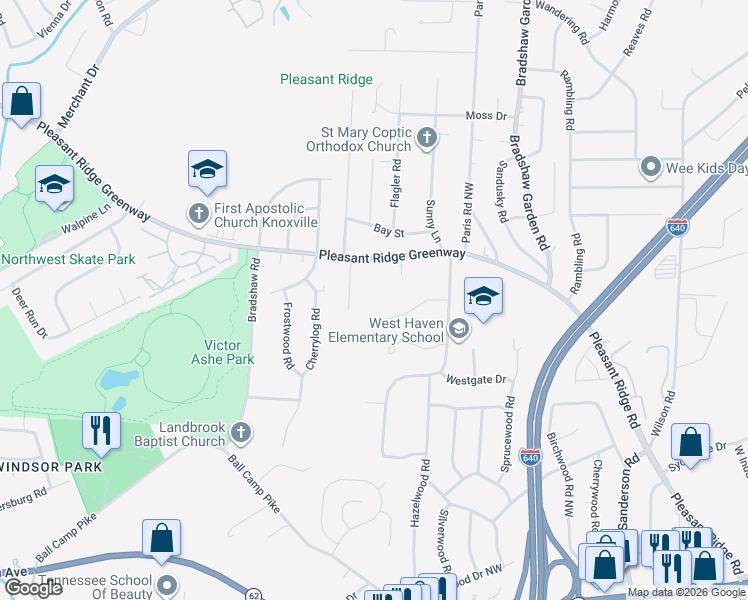 map of restaurants, bars, coffee shops, grocery stores, and more near 4731 Pleasant Ridge Road in Knoxville