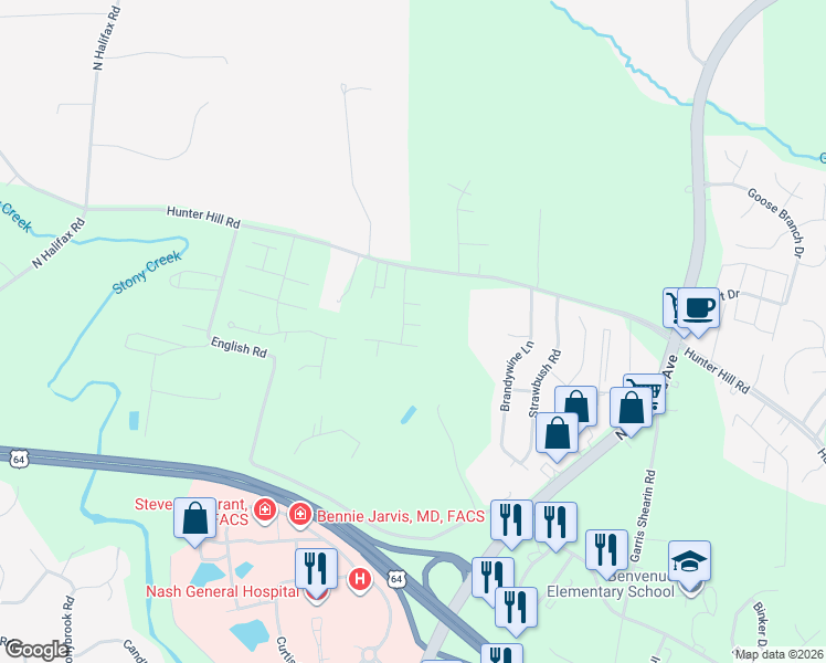 map of restaurants, bars, coffee shops, grocery stores, and more near 7204 Sunflower Road in Rocky Mount