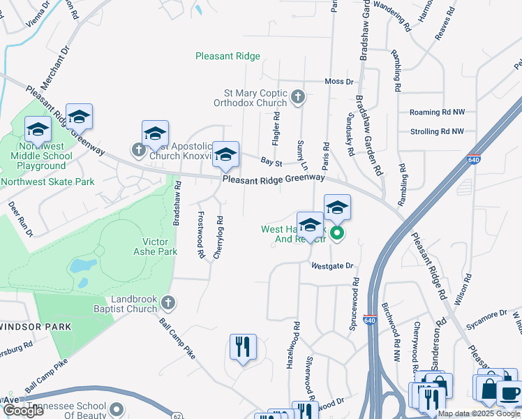 map of restaurants, bars, coffee shops, grocery stores, and more near 4731 Pleasant Ridge Road in Knoxville