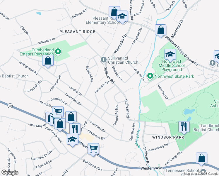 map of restaurants, bars, coffee shops, grocery stores, and more near 5305 Maywood Road in Knoxville