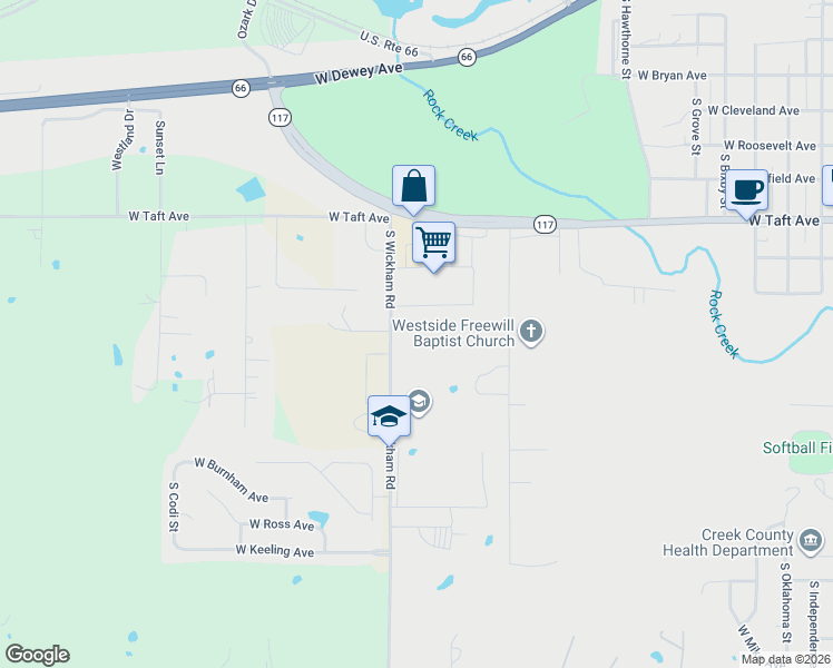 map of restaurants, bars, coffee shops, grocery stores, and more near 1409 South Wickham Road in Sapulpa