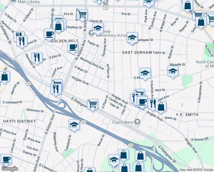 map of restaurants, bars, coffee shops, grocery stores, and more near 106 South Plum Street in Durham