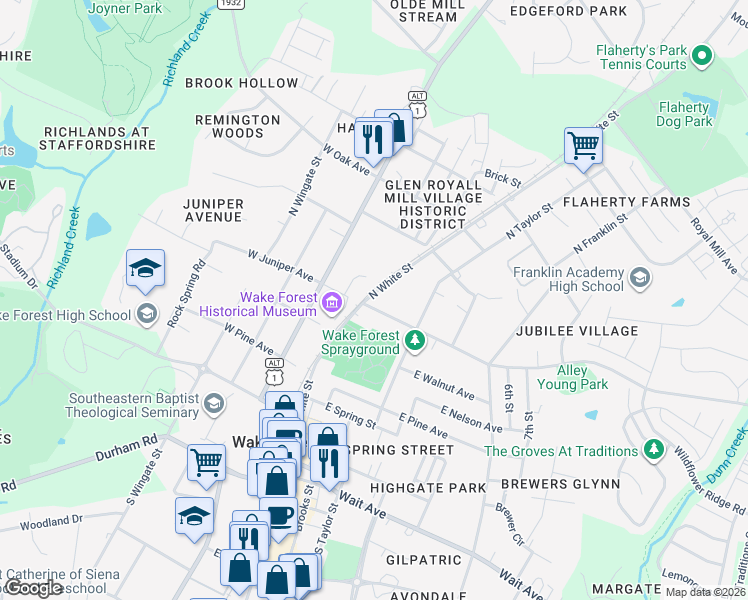 map of restaurants, bars, coffee shops, grocery stores, and more near 207 East Juniper Avenue in Wake Forest