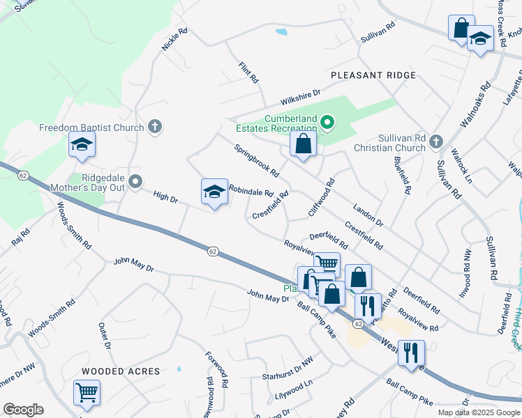 map of restaurants, bars, coffee shops, grocery stores, and more near 4617 Royalview Road in Knoxville