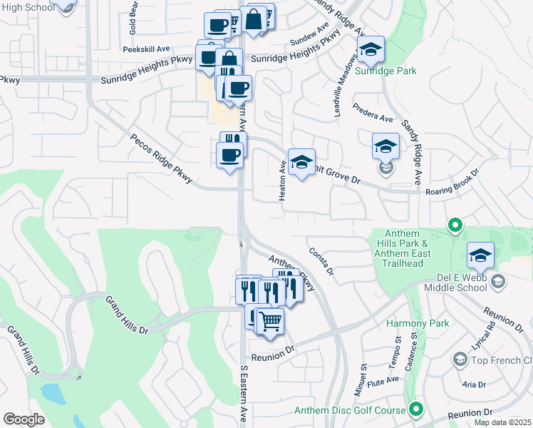 map of restaurants, bars, coffee shops, grocery stores, and more near 2590 Grizzly Park Court in Henderson