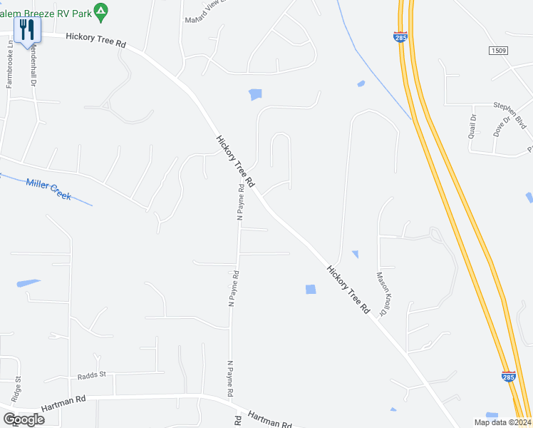map of restaurants, bars, coffee shops, grocery stores, and more near 1945 Hickory Tree Road in Winston-Salem